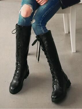 Bellirala Womens Lace Up Knee High Combat Chunky Low Heel Boots